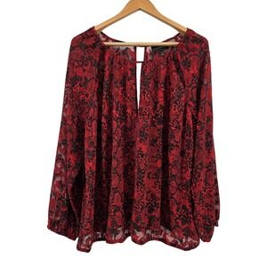 Lane Bryant Scoop Neck Sheer Blouse Red Snakeskin Long Sleeve Cutouts Women's 22